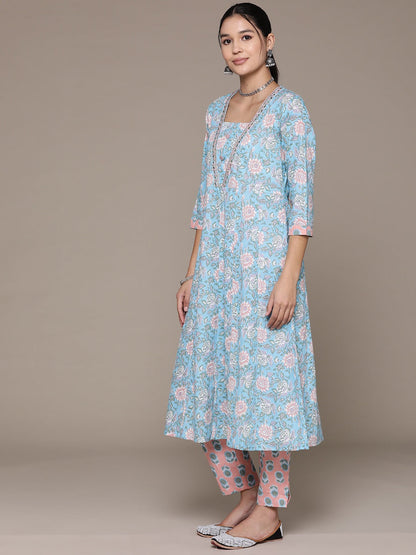 Anarkali Style Cotton Fabric Blue Color Floral Printed Sequin Work Kurti With Palazzo And Dupatta