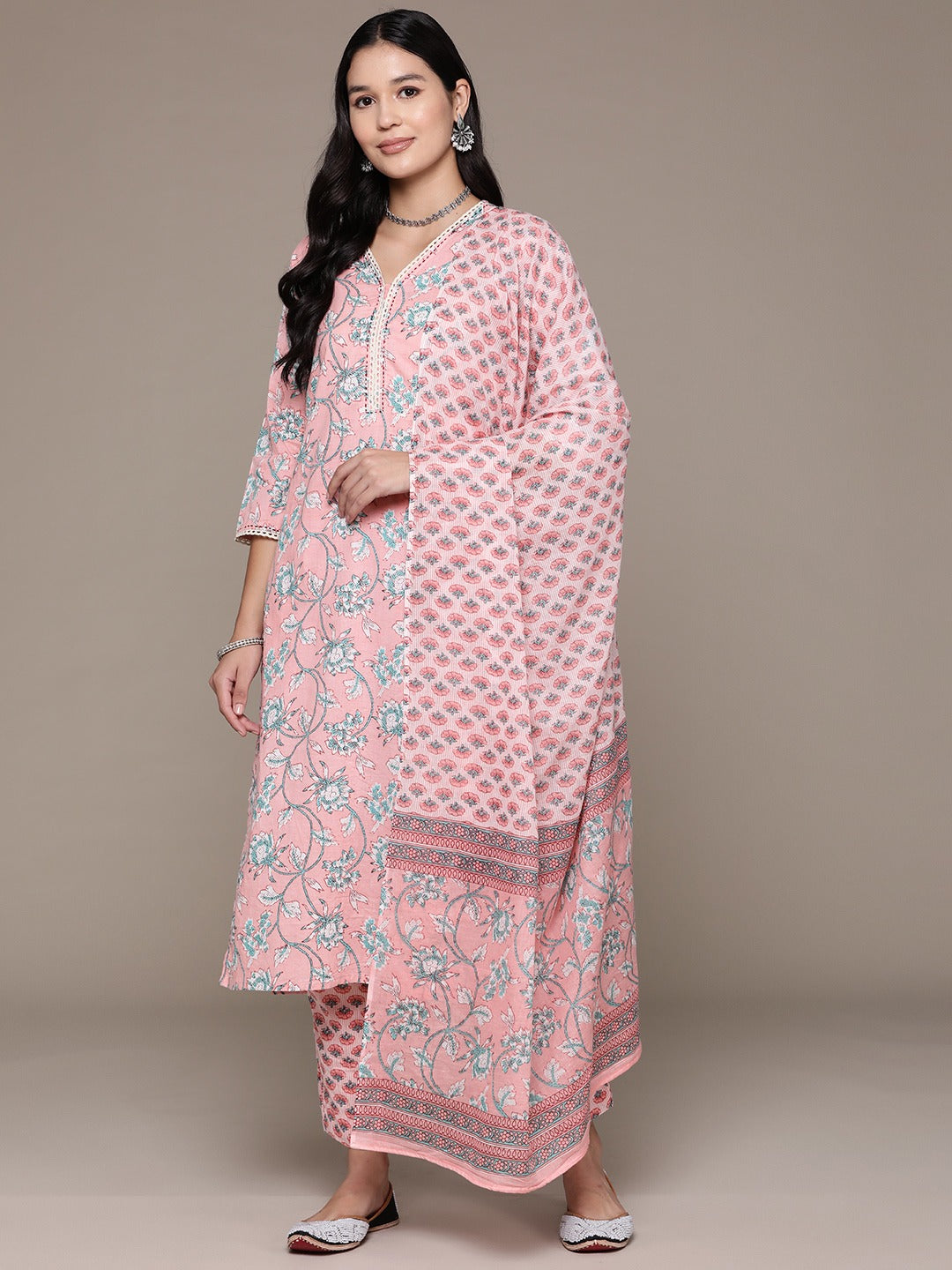 Straight Style Cotton Fabric Pink Color Floral Printed Kurti With Palazzo And Dupatta