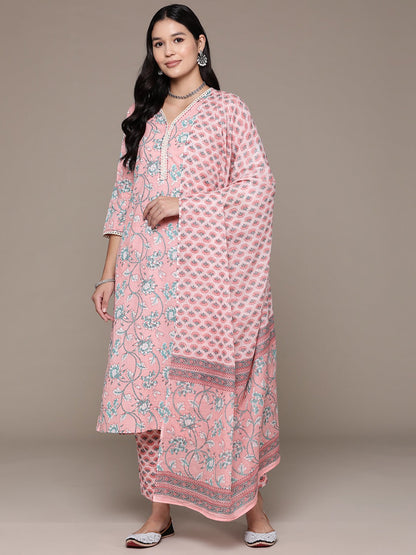 Straight Style Cotton Fabric Pink Color Floral Printed Kurti With Palazzo And Dupatta