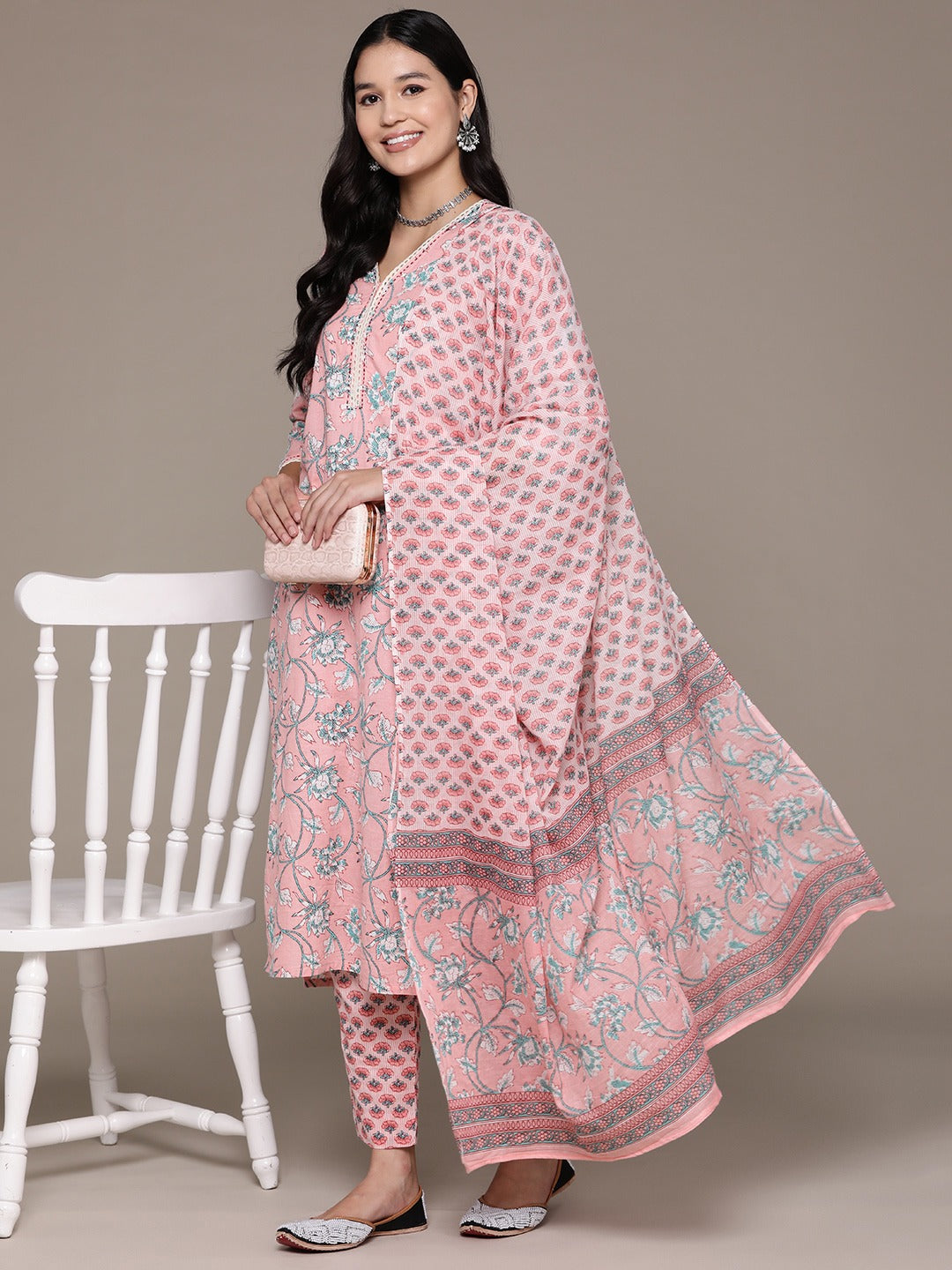 Straight Style Cotton Fabric Pink Color Floral Printed Kurti With Palazzo And Dupatta