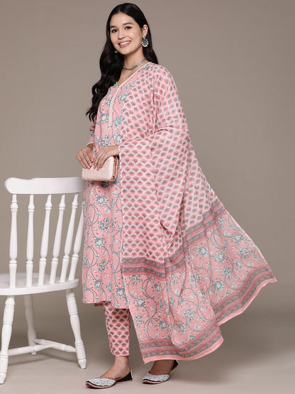 Straight Style Cotton Fabric Pink Color Floral Printed Kurti With Palazzo And Dupatta