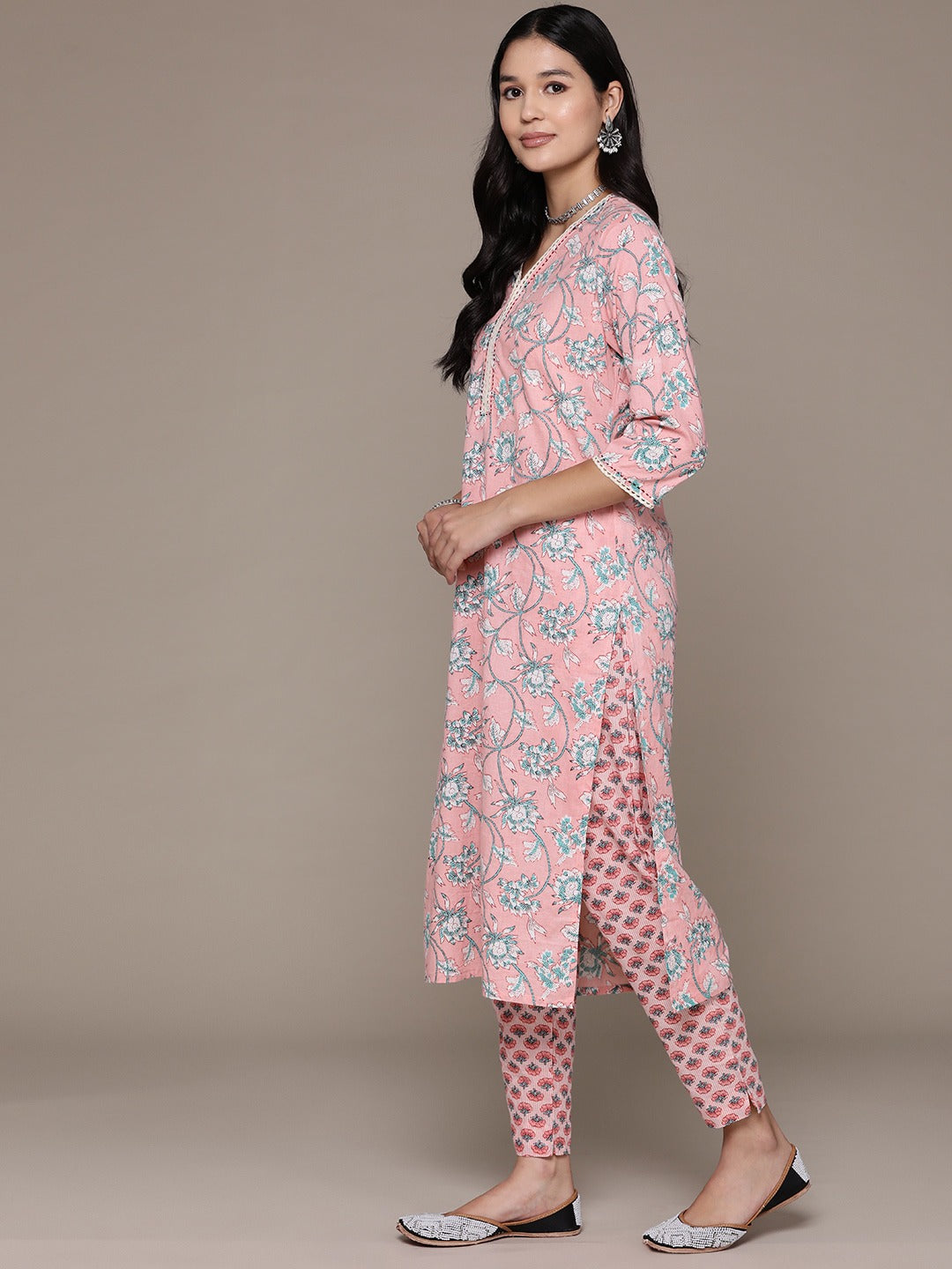 Straight Style Cotton Fabric Pink Color Floral Printed Kurti With Palazzo And Dupatta