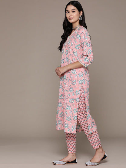 Straight Style Cotton Fabric Pink Color Floral Printed Kurti With Palazzo And Dupatta