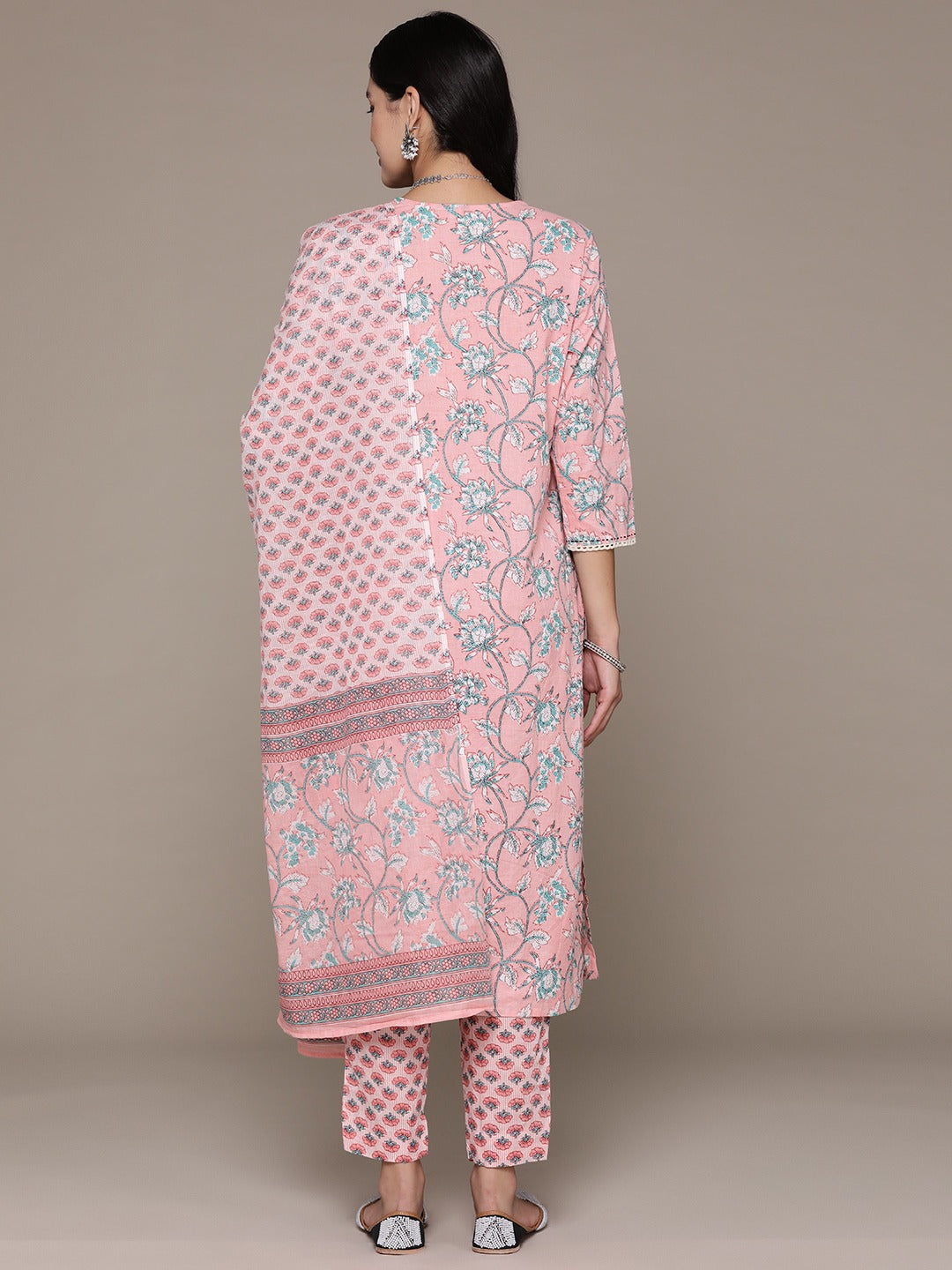 Straight Style Cotton Fabric Pink Color Floral Printed Kurti With Palazzo And Dupatta