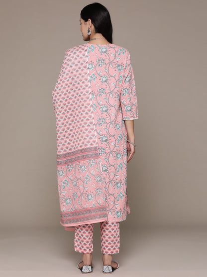 Straight Style Cotton Fabric Pink Color Floral Printed Kurti With Palazzo And Dupatta
