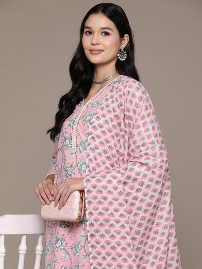 Straight Style Cotton Fabric Pink Color Floral Printed Kurti With Palazzo And Dupatta