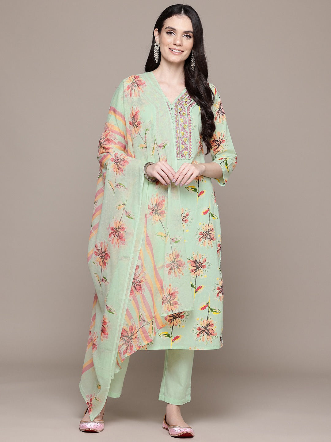 Straight Style Cotton Fabric Green Color Floral Printed Kurti With Palazzo And Dupatta With Thread Work