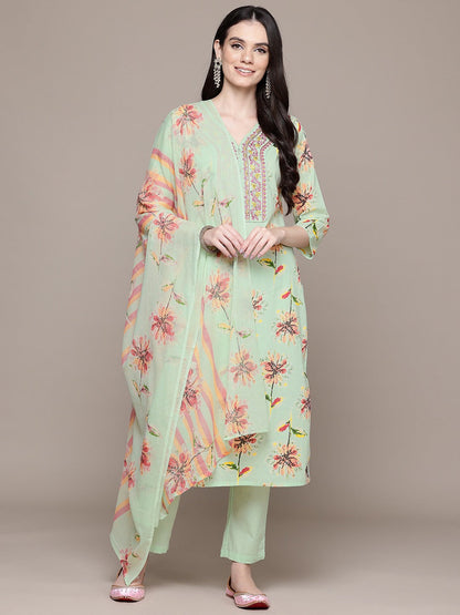 Straight Style Cotton Fabric Green Color Floral Printed Kurti With Palazzo And Dupatta With Thread Work