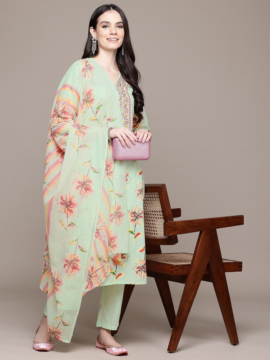 Straight Style Cotton Fabric Green Color Floral Printed Kurti With Palazzo And Dupatta With Thread Work