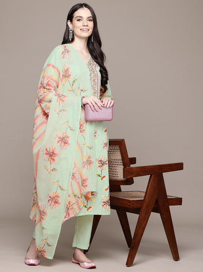 Straight Style Cotton Fabric Green Color Floral Printed Kurti With Palazzo And Dupatta With Thread Work