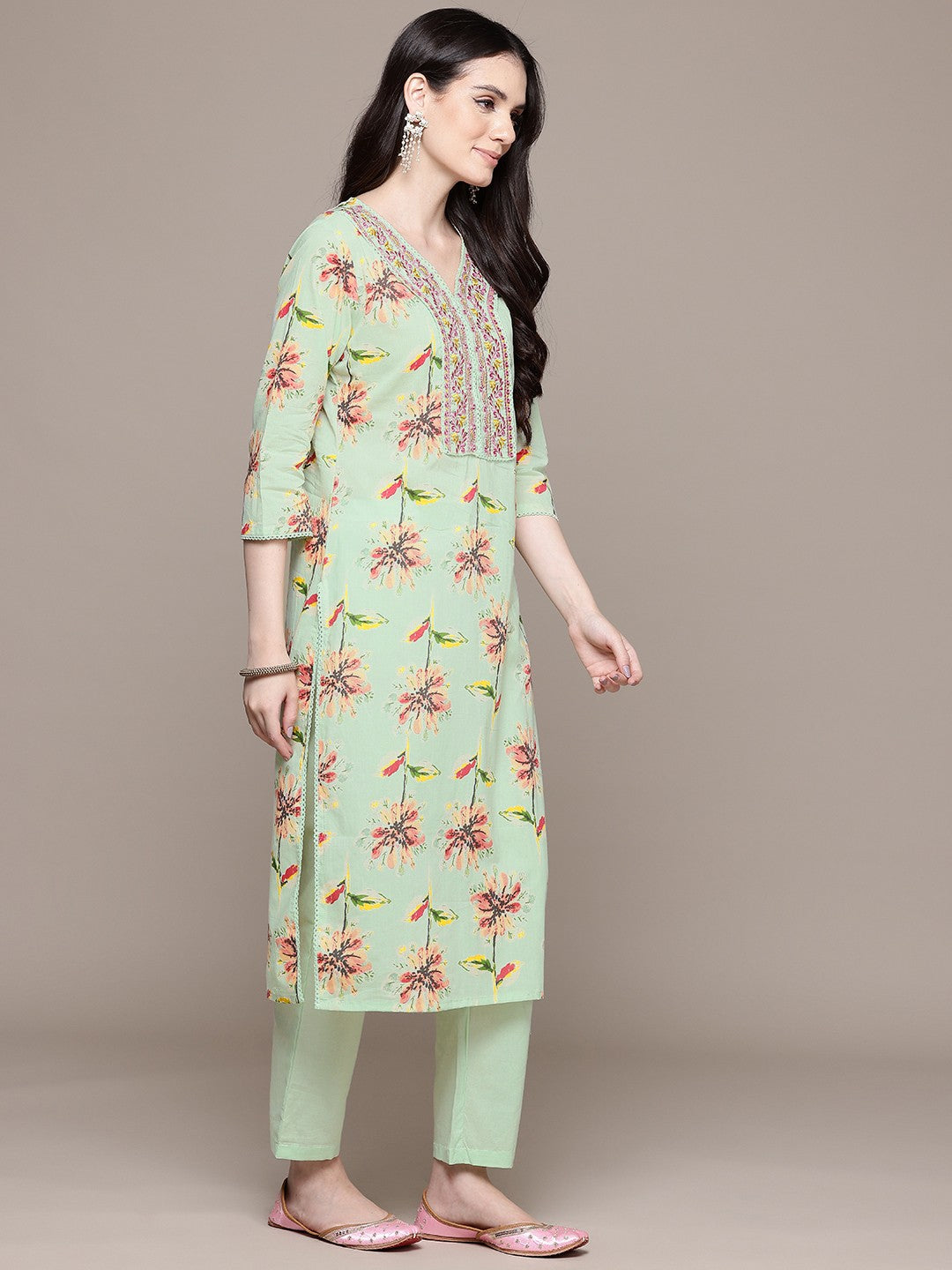 Straight Style Cotton Fabric Green Color Floral Printed Kurti With Palazzo And Dupatta With Thread Work