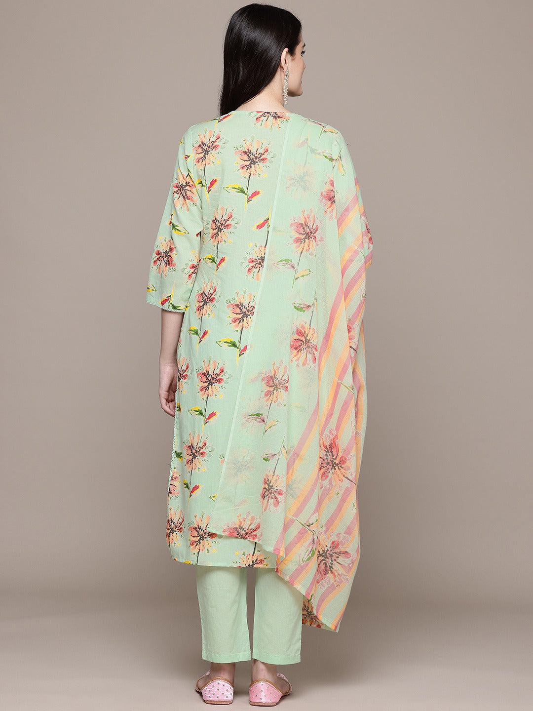 Straight Style Cotton Fabric Green Color Floral Printed Kurti With Palazzo And Dupatta With Thread Work