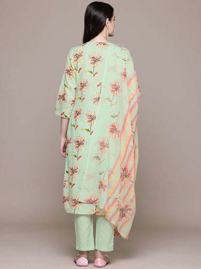 Straight Style Cotton Fabric Green Color Floral Printed Kurti With Palazzo And Dupatta With Thread Work