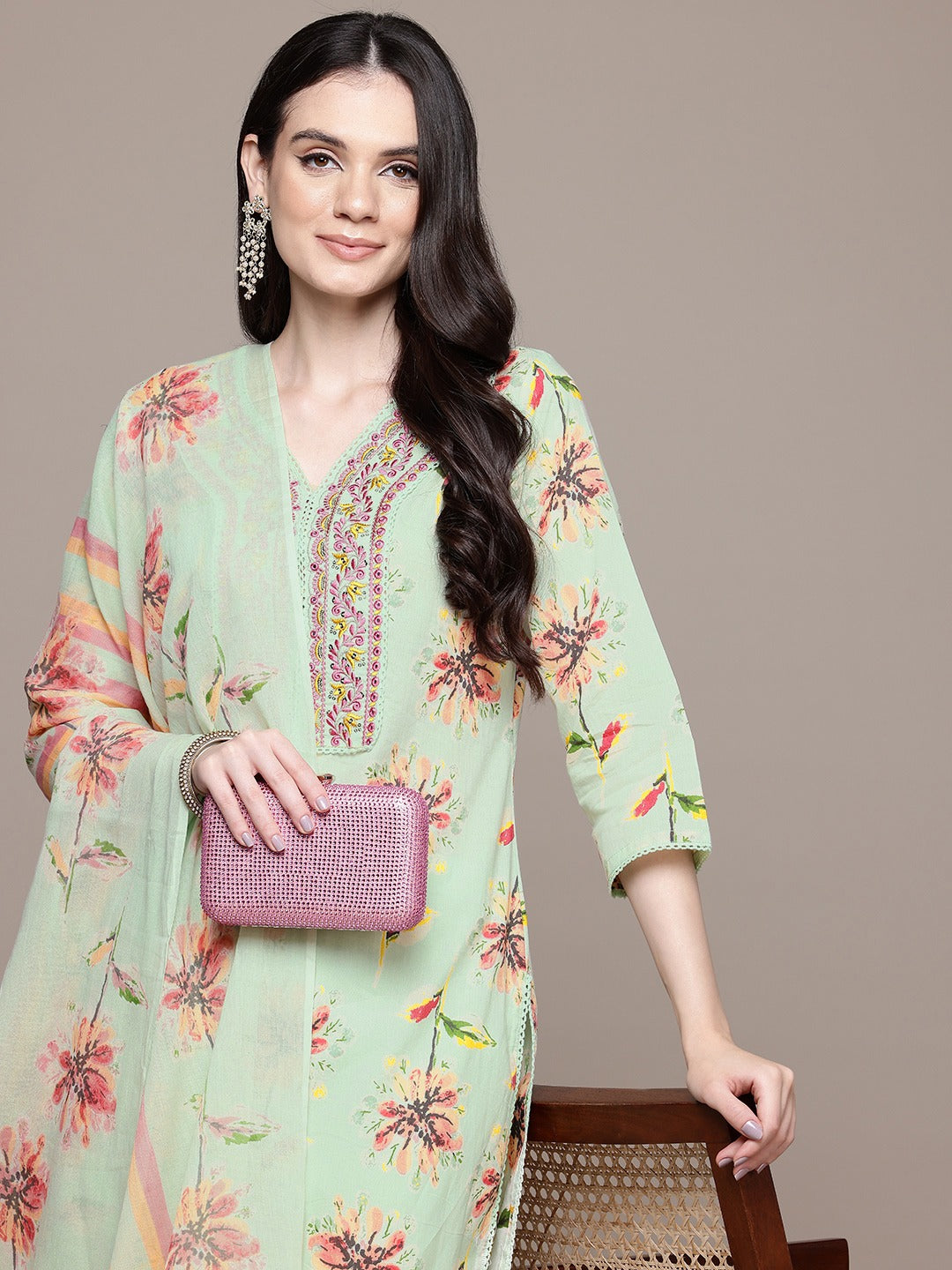Straight Style Cotton Fabric Green Color Floral Printed Kurti With Palazzo And Dupatta With Thread Work