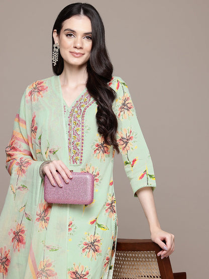 Straight Style Cotton Fabric Green Color Floral Printed Kurti With Palazzo And Dupatta With Thread Work
