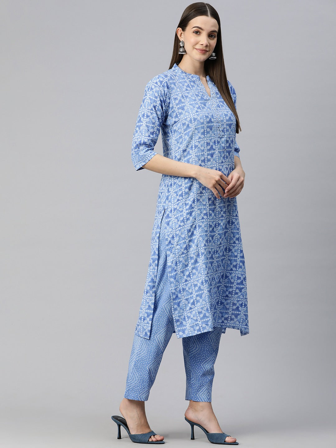 Straight Style Cotton Fabric Blue Color Bandhej Printed Kurti With Palazzo