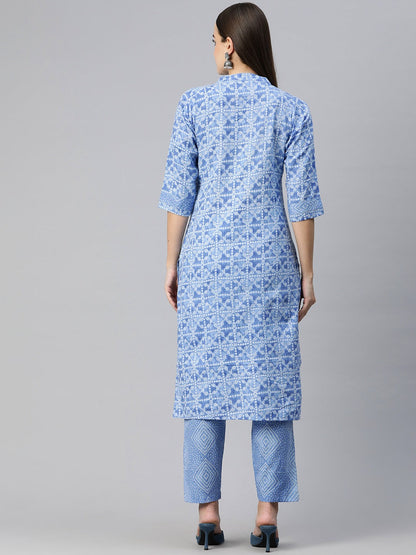 Straight Style Cotton Fabric Blue Color Bandhej Printed Kurti With Palazzo
