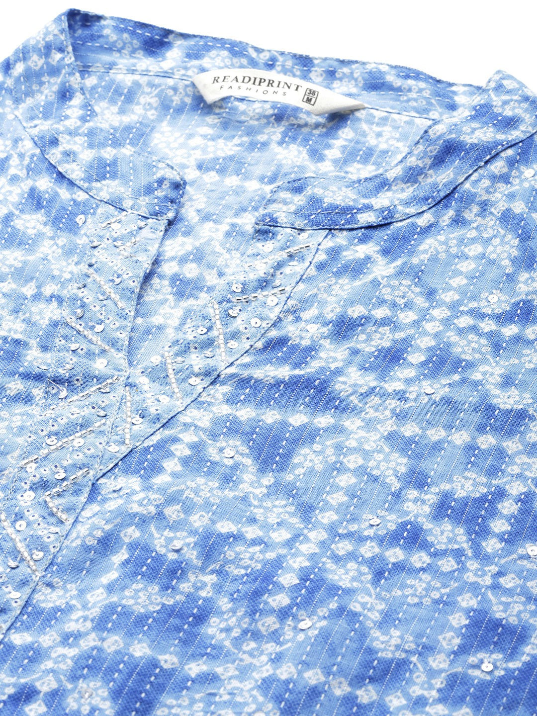 Straight Style Cotton Fabric Blue Color Bandhej Printed Kurti With Palazzo