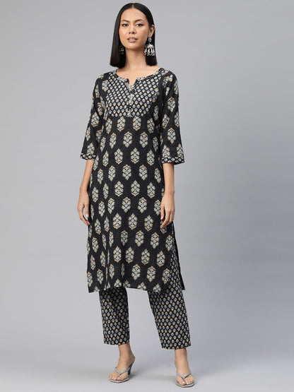 Straight Style Cotton Fabric Black Color Floral Printed Kurti With Palazzo