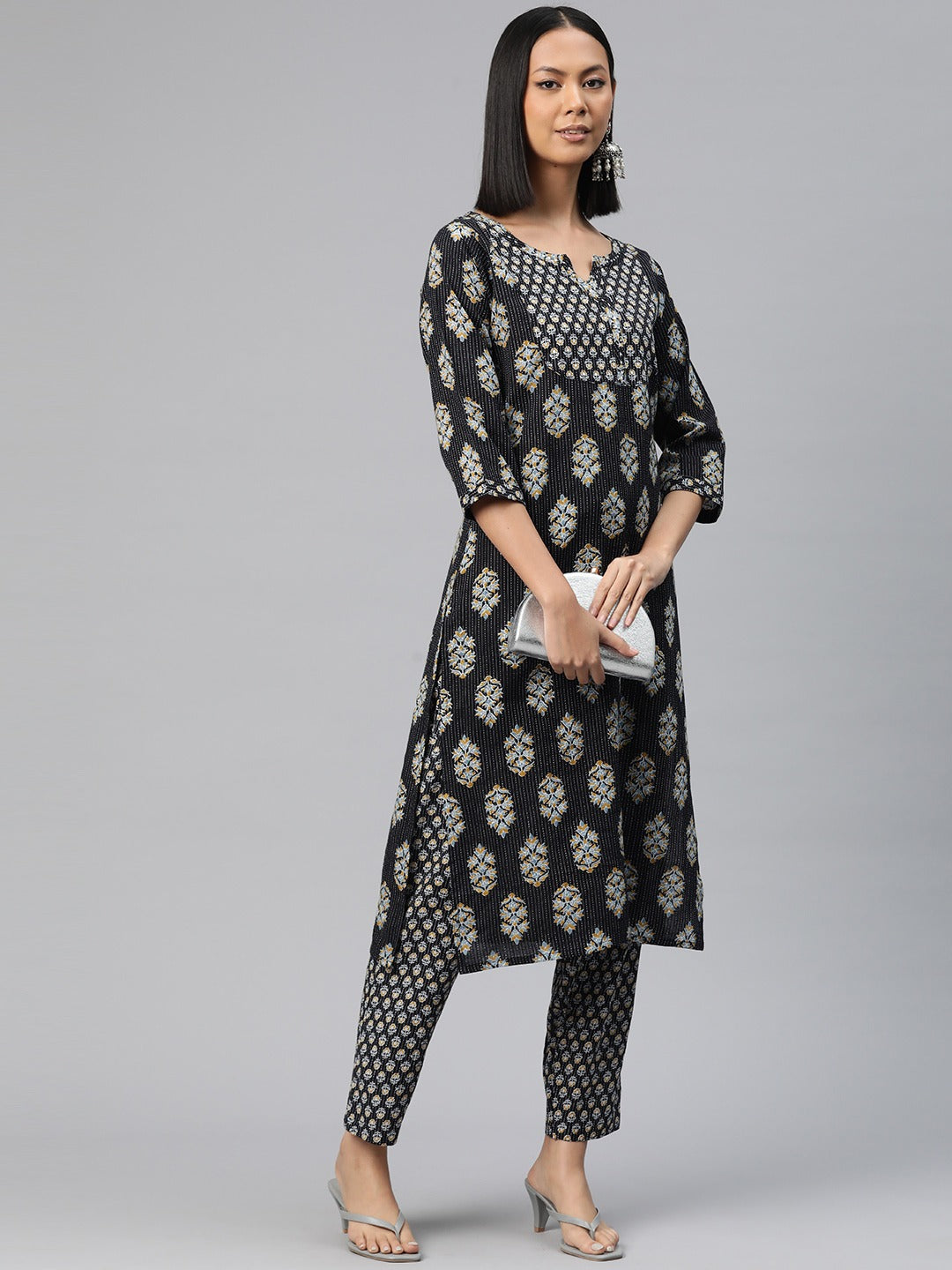 Straight Style Cotton Fabric Black Color Floral Printed Kurti With Palazzo