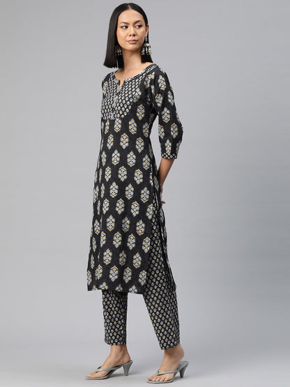 Straight Style Cotton Fabric Black Color Floral Printed Kurti With Palazzo