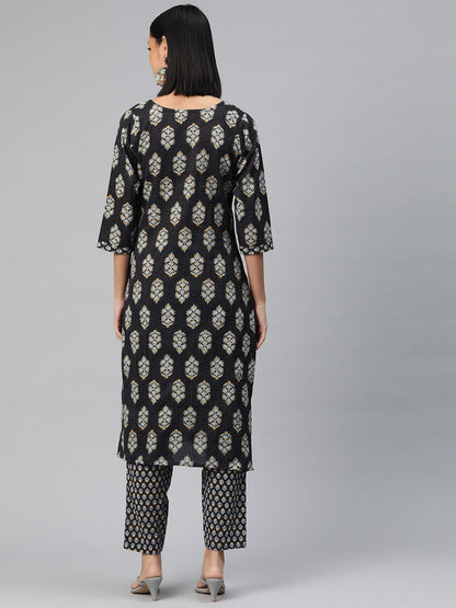 Straight Style Cotton Fabric Black Color Floral Printed Kurti With Palazzo