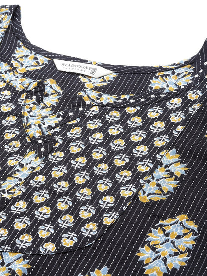 Straight Style Cotton Fabric Black Color Floral Printed Kurti With Palazzo