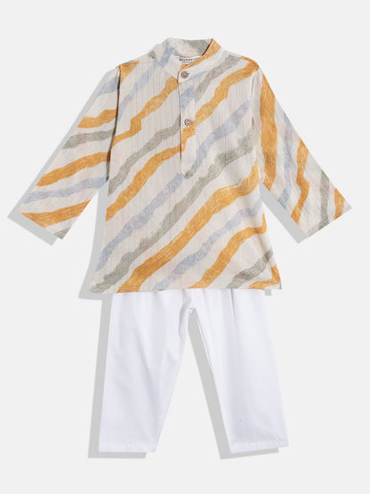 Straight Style Cotton Fabric Cream Color Leheriya Printed Kurta With Pajama
