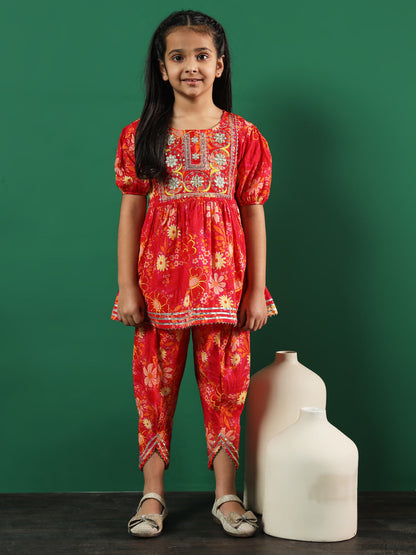 Frock Style Cotton Fabric Pink Color Printed Kurti And Dhoti Pants With Zari And Sequin Work