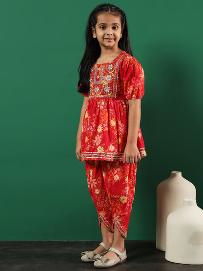 Frock Style Cotton Fabric Pink Color Printed Kurti And Dhoti Pants With Zari And Sequin Work