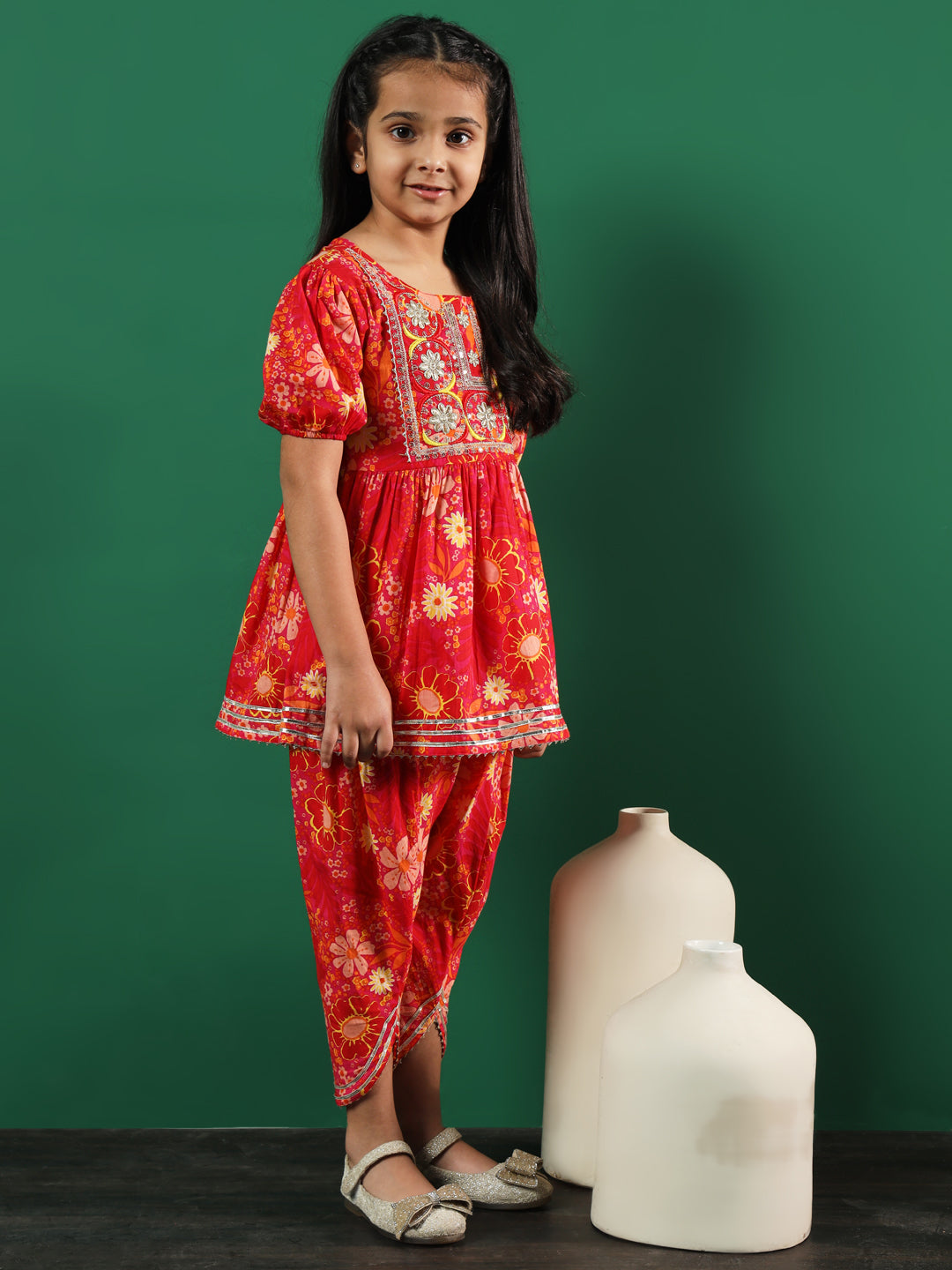 Frock Style Cotton Fabric Pink Color Printed Kurti And Dhoti Pants With Zari And Sequin Work