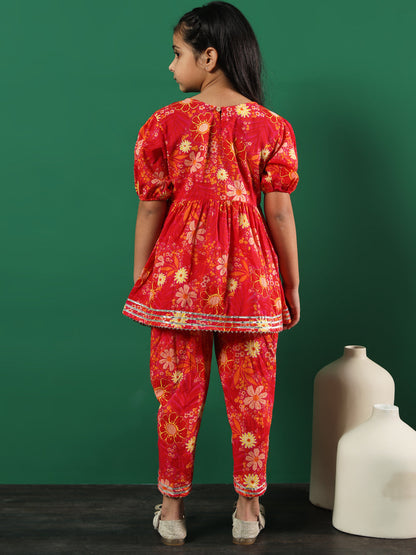 Frock Style Cotton Fabric Pink Color Printed Kurti And Dhoti Pants With Zari And Sequin Work