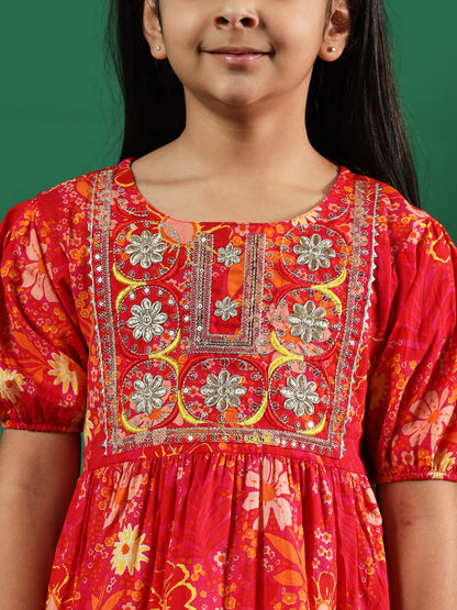Frock Style Cotton Fabric Pink Color Printed Kurti And Dhoti Pants With Zari And Sequin Work