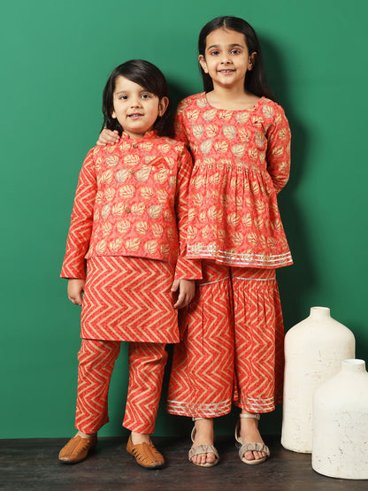 Frock Style Cotton Fabric Peach Color Printed Kurti And Sharara With Gotta Lace Work