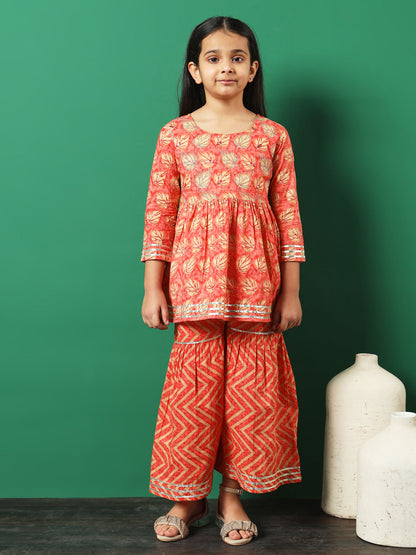 Frock Style Cotton Fabric Peach Color Printed Kurti And Sharara With Gotta Lace Work