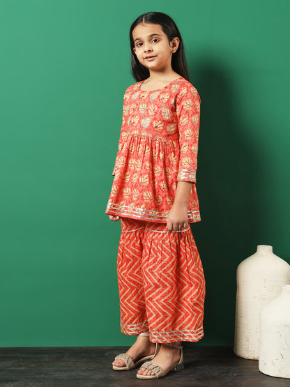 Frock Style Cotton Fabric Peach Color Printed Kurti And Sharara With Gotta Lace Work