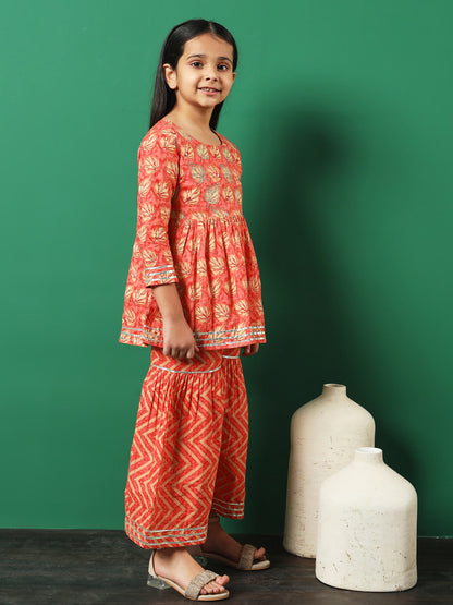 Frock Style Cotton Fabric Peach Color Printed Kurti And Sharara With Gotta Lace Work