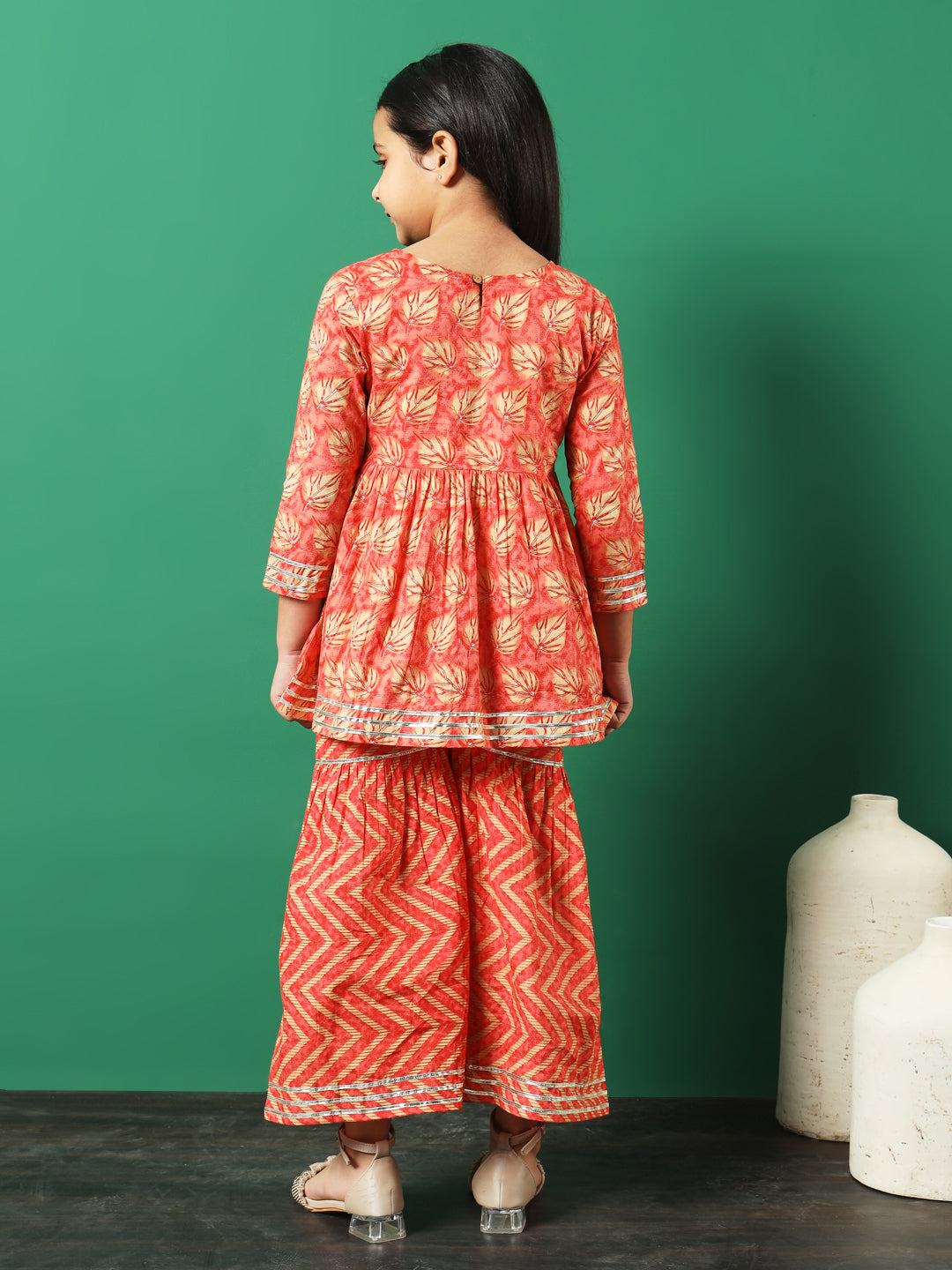 Frock Style Cotton Fabric Peach Color Printed Kurti And Sharara With Gotta Lace Work