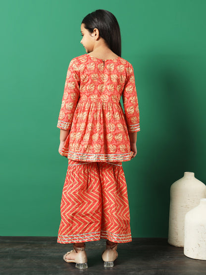 Frock Style Cotton Fabric Peach Color Printed Kurti And Sharara With Gotta Lace Work