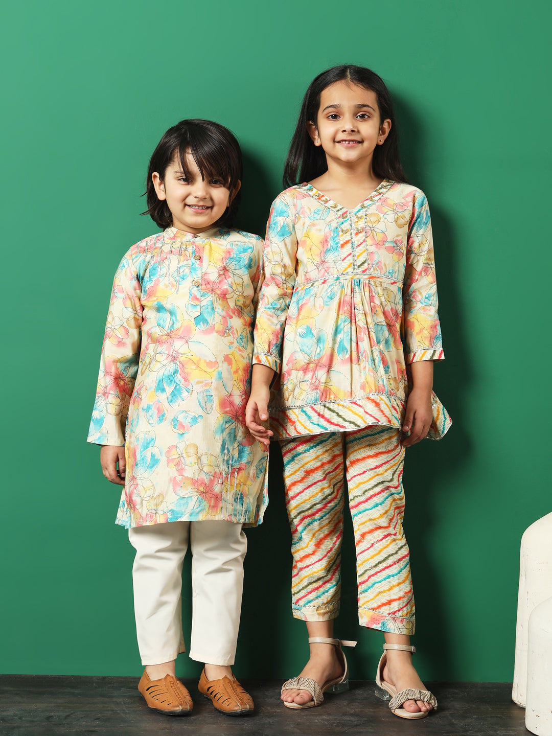 Frock Style Chanderi Silk Fabric Multi Color Floral Printed Kurti And Palazzo With Gotta Lace Work