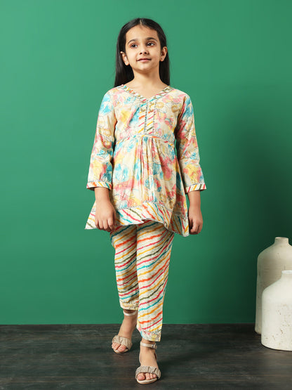 Frock Style Chanderi Silk Fabric Multi Color Floral Printed Kurti And Palazzo With Gotta Lace Work