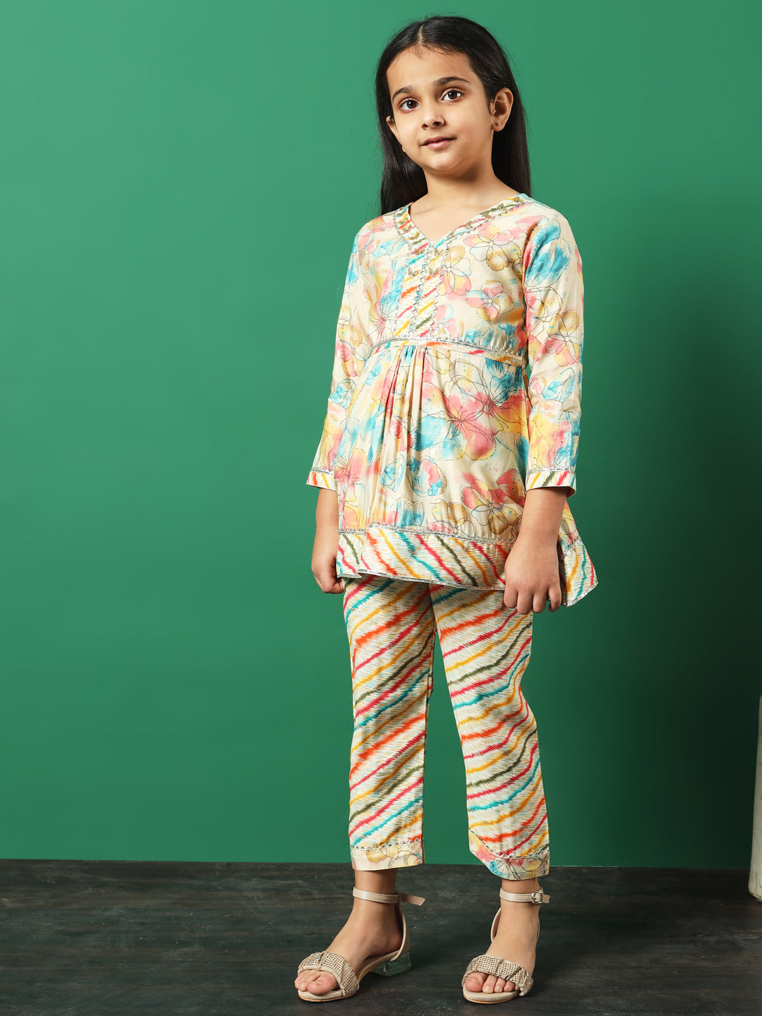 Frock Style Chanderi Silk Fabric Multi Color Floral Printed Kurti And Palazzo With Gotta Lace Work
