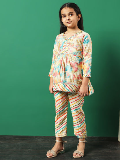 Frock Style Chanderi Silk Fabric Multi Color Floral Printed Kurti And Palazzo With Gotta Lace Work