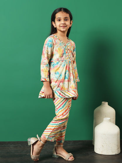 Frock Style Chanderi Silk Fabric Multi Color Floral Printed Kurti And Palazzo With Gotta Lace Work