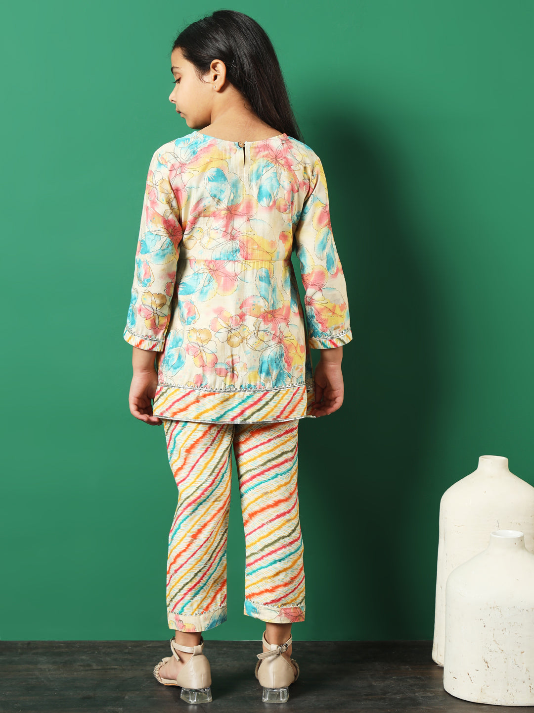 Frock Style Chanderi Silk Fabric Multi Color Floral Printed Kurti And Palazzo With Gotta Lace Work