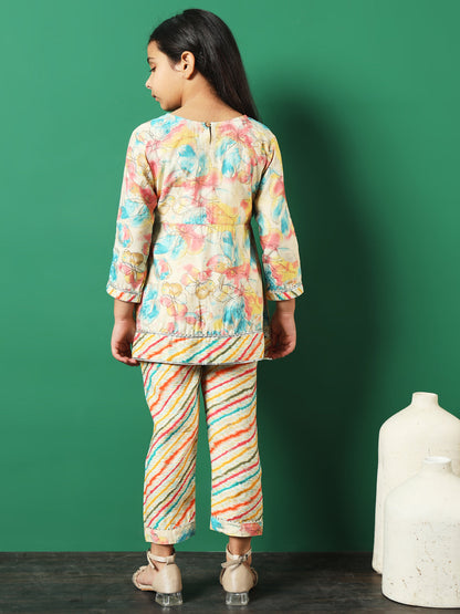 Frock Style Chanderi Silk Fabric Multi Color Floral Printed Kurti And Palazzo With Gotta Lace Work