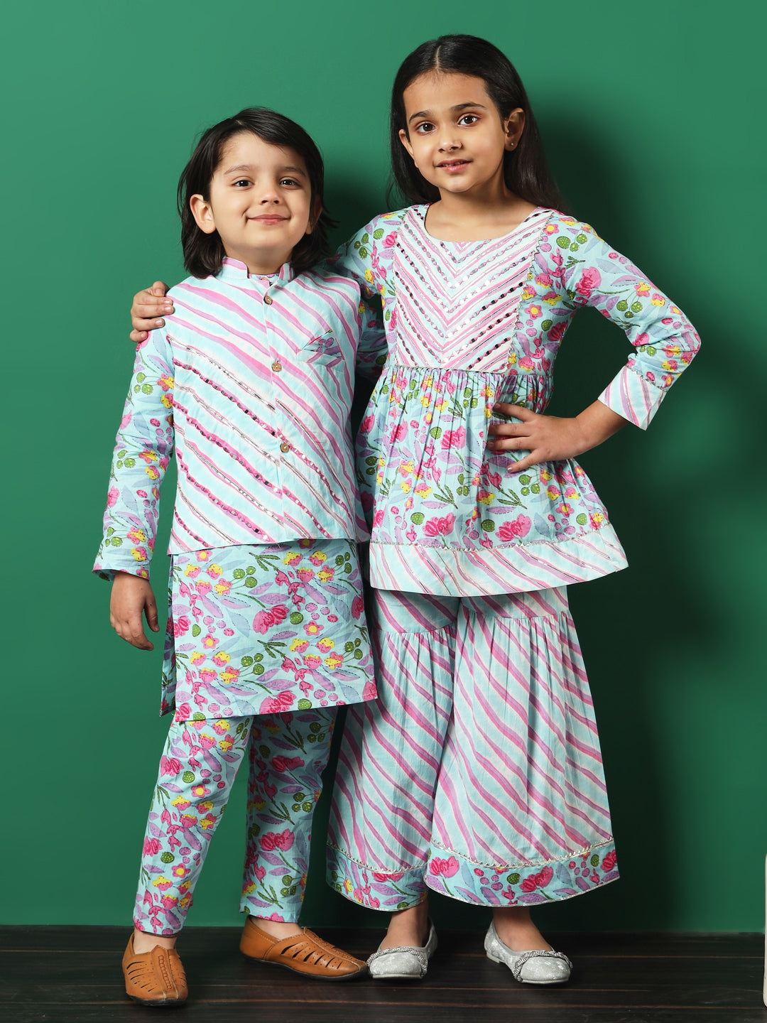 Frock Style Cotton Fabric Turquoise Blue Color Printed Kurti And Sharara With Gotta Lace Work