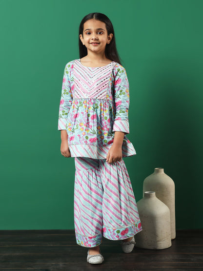 Frock Style Cotton Fabric Turquoise Blue Color Printed Kurti And Sharara With Gotta Lace Work