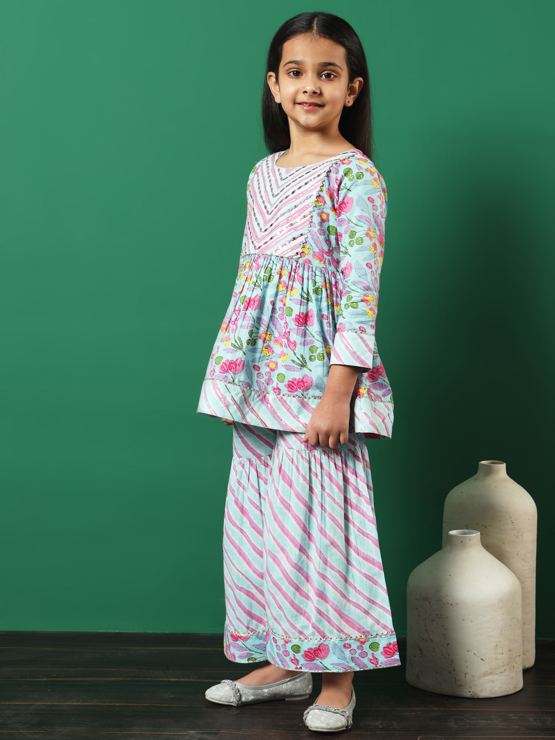 Frock Style Cotton Fabric Turquoise Blue Color Printed Kurti And Sharara With Gotta Lace Work
