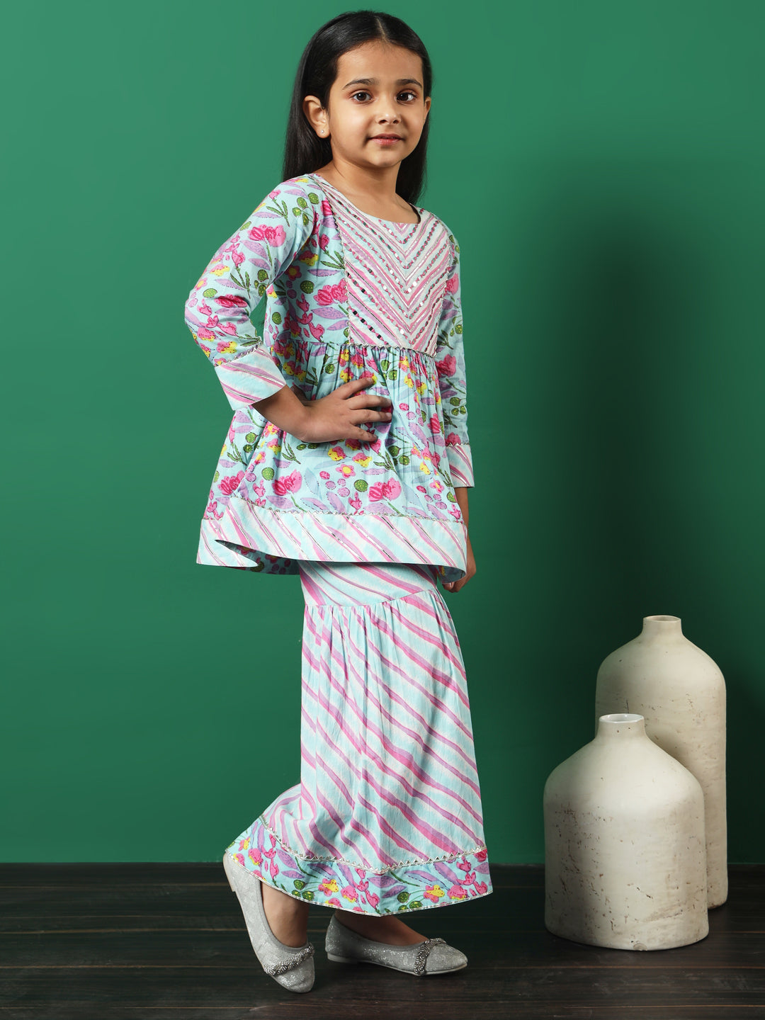 Frock Style Cotton Fabric Turquoise Blue Color Printed Kurti And Sharara With Gotta Lace Work